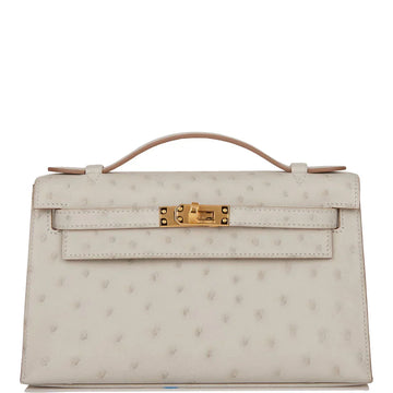 Kelly Pochette Gris Perle Ostrich Gold Hardware