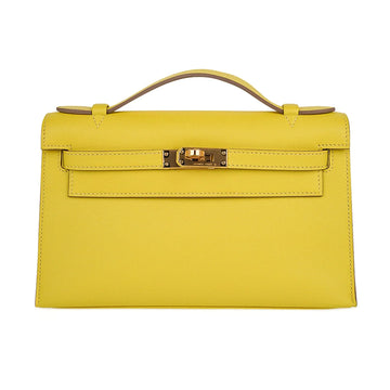 Kelly Pochette Bag Lime Clutch Gold Hardware Swift Leather