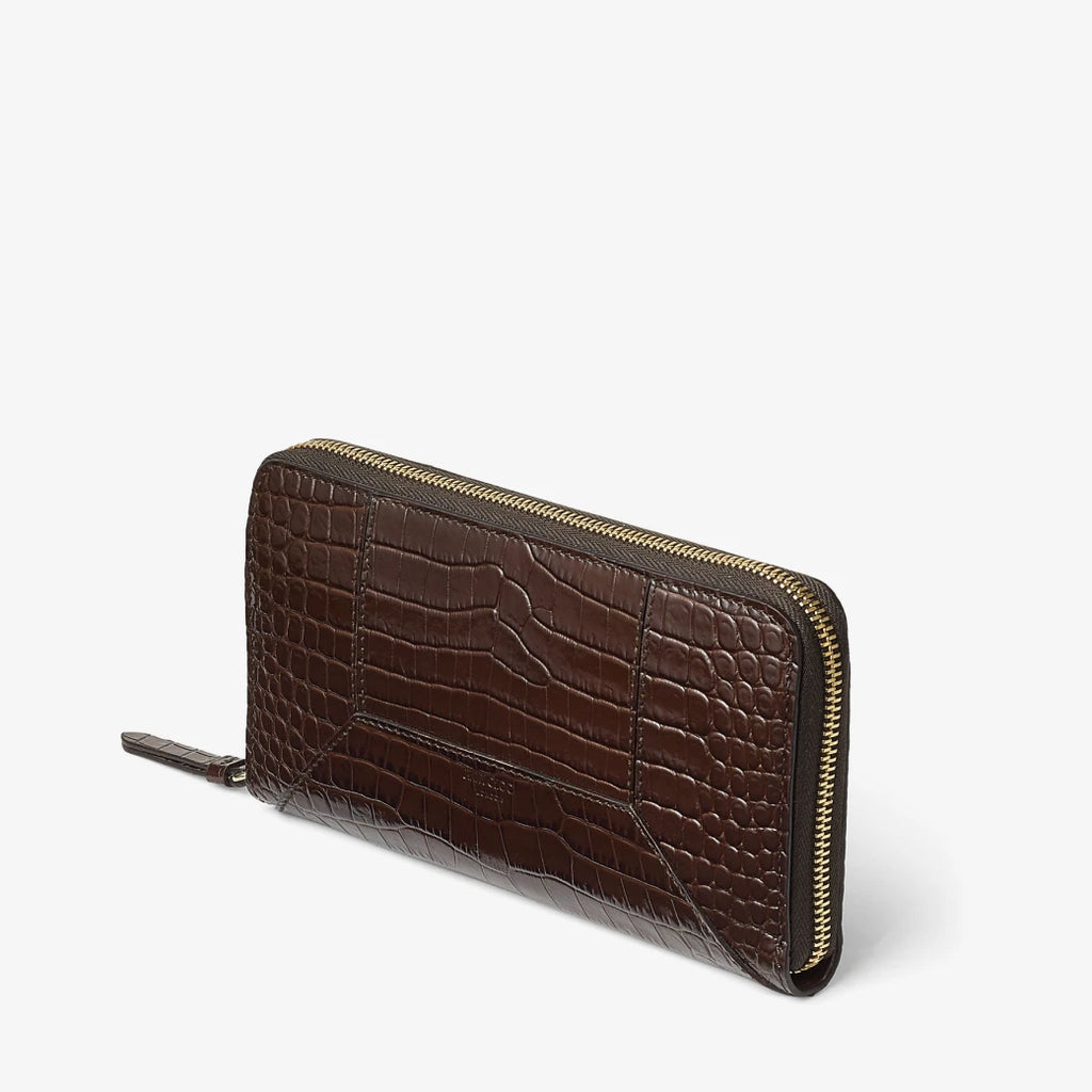 Glossy Croc-Embossed Leather Zip-Around Wallet
