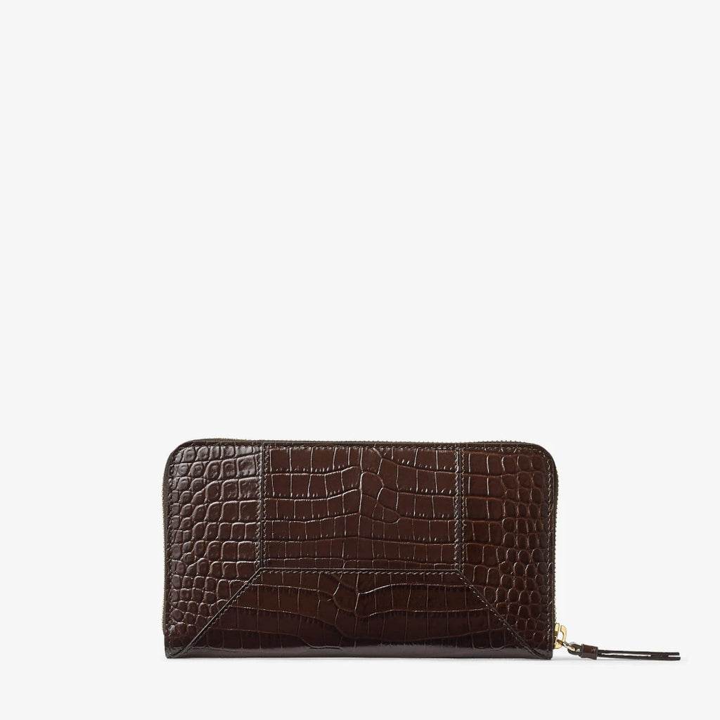 Glossy Croc-Embossed Leather Zip-Around Wallet