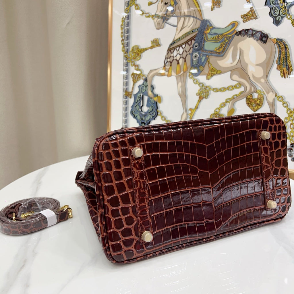 Birkin Style 25/30 Retourne in Rouge H Crocodile-Embossed Leather (Gold Hardware)