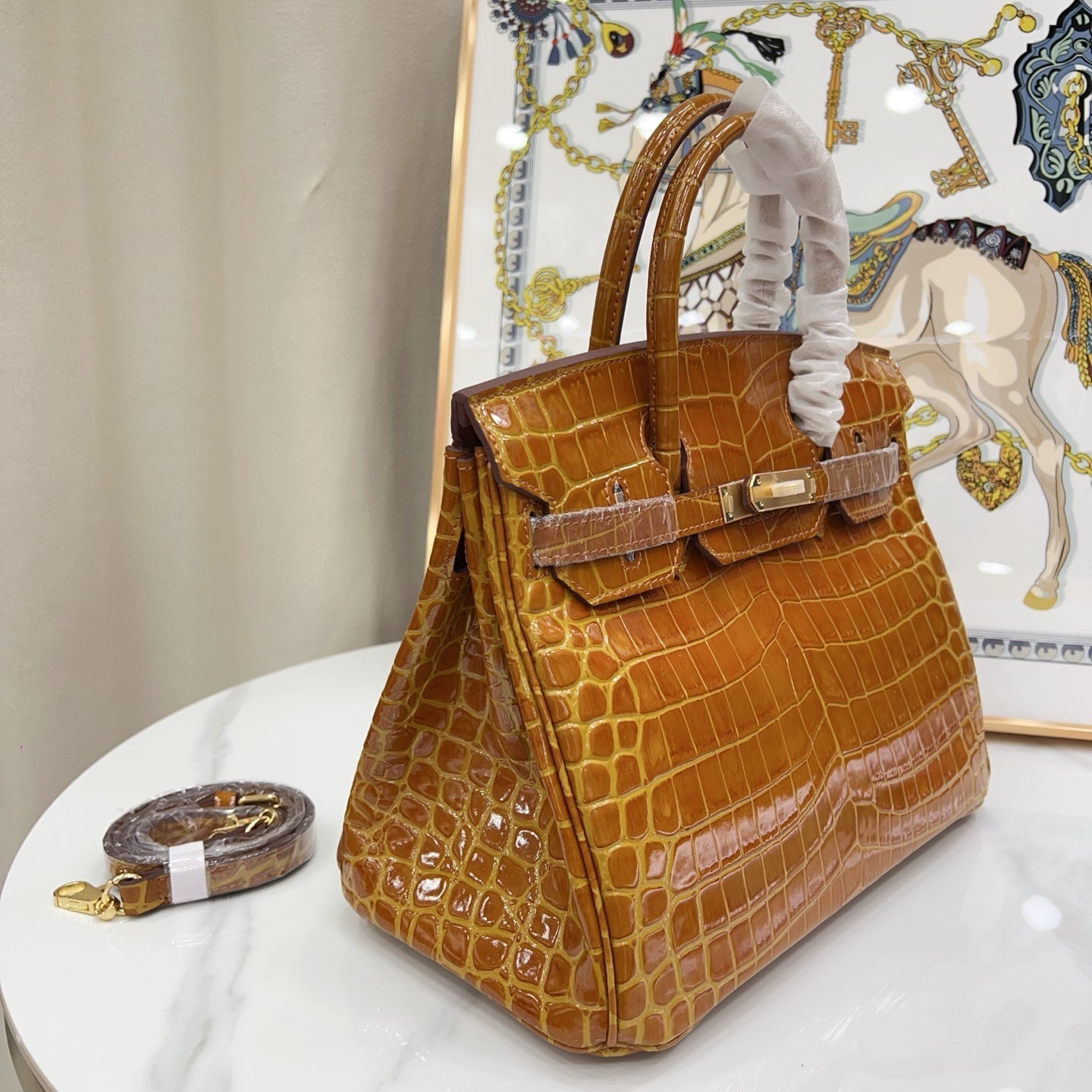 Birkin Style 25/30/35 Retourne in Miel/Gold Crocodile-Embossed Leather (Gold Hardware)