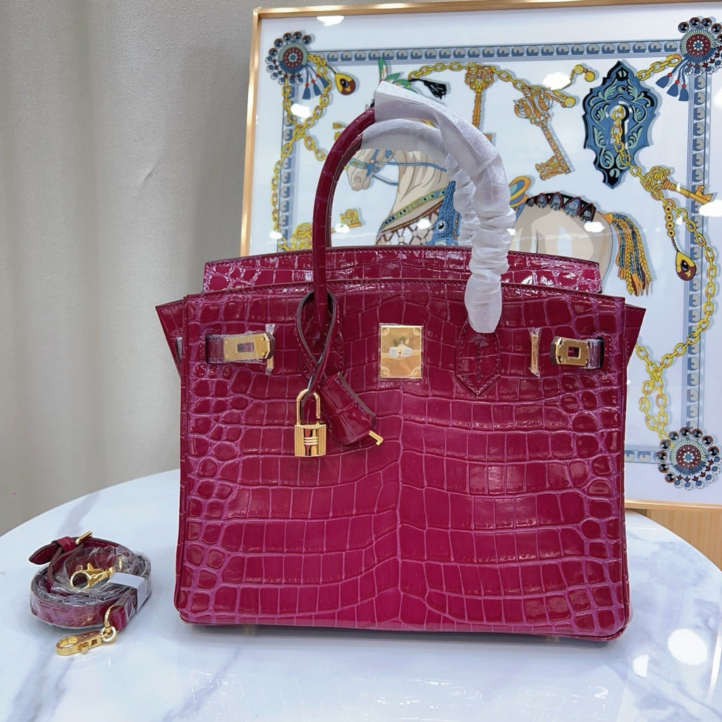 Birkin Style 25/30/35 Retourne in Rubis Crocodile-Embossed Leather (Gold Hardware)