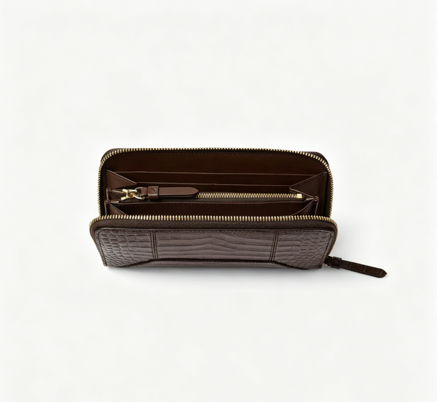 Glossy Croc-Embossed Leather Zip-Around Wallet