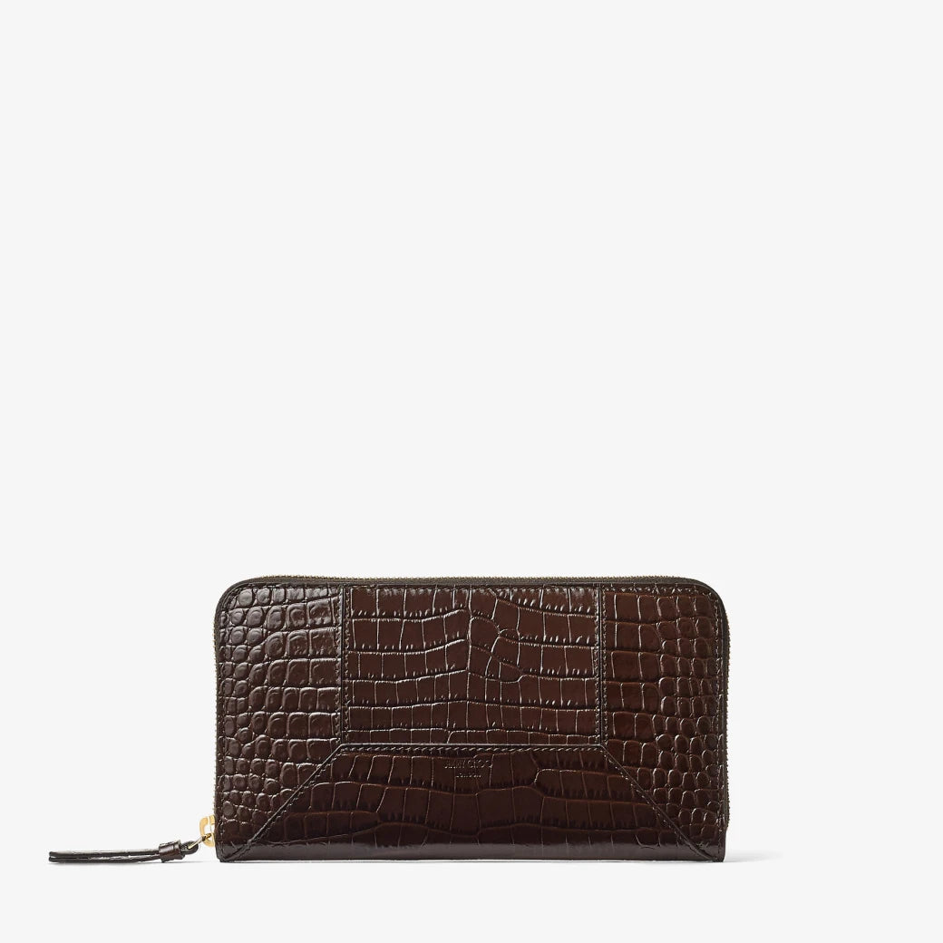 Glossy Croc-Embossed Leather Zip-Around Wallet