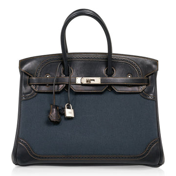 Birkin 35 Ghillies Denim Fonce Toile / Black Evercalf Bag Limited Edition