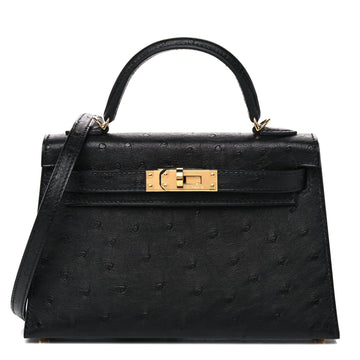 Kelly Sellier Mini 20 Black Ostrich Gold Hardware