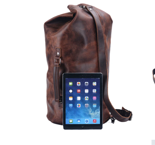 Vintage Full-Grain Leather Roll-Top Sling Duffle Bag