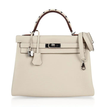Limited Edition Kelly 32 Retourne Bag Au Galop Craie Togo Leather with Palladium Hardware