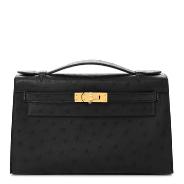Kelly Pochette Black Ostrich Clutch Gold Hardware