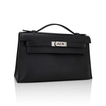 Kelly Pochette Clutch Bag Black Swift Leather with Palladium Hardware