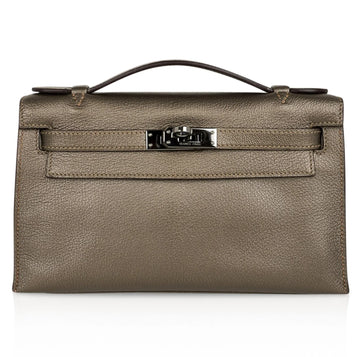 Kelly Pochette Metallic Bronze Clutch Bag Chevre Palladium