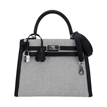 Kelly 25 Sellier Bag Quadrille Black & White Viking Toile Swift Leather with Palladium Hardware