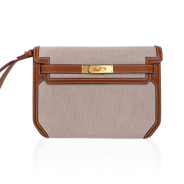 Kelly Depeches 25 Pouch Toile / Fauve Barenia Trim Gold Hardware